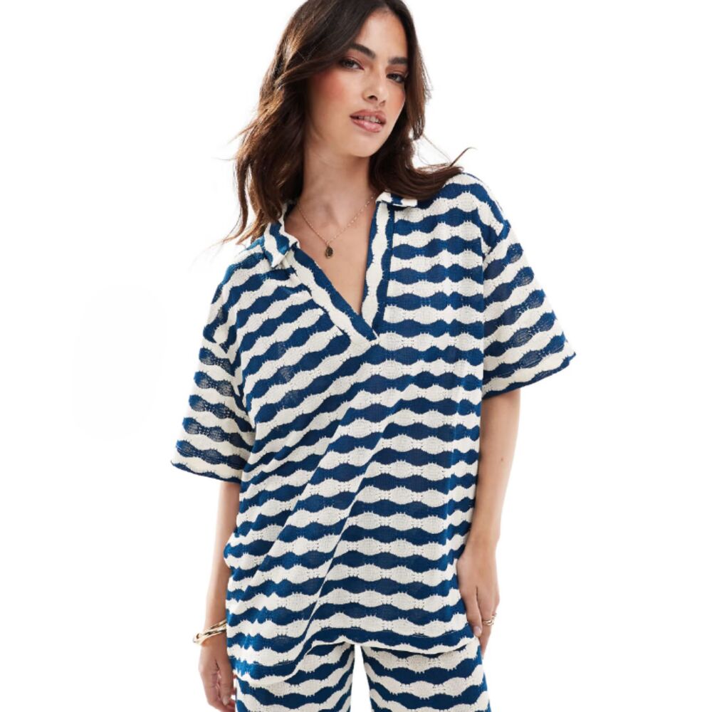 ASOS Design Large Blue White Striped Oversized Knit Polo Shirt Top